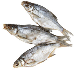 dried salted fish on white background.