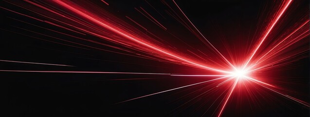 Wide angle panoramic view of a red flare of light ray on plain black background from Generative AI