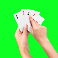 Hand Holding Ace Card, isolated on green screen background. Playing Card game hand poker gambling casino.