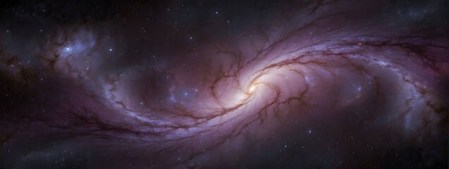 Wide angle panoramic view of purple universe spiral nebula galaxy on space background from Generative AI - obrazy, fototapety, plakaty