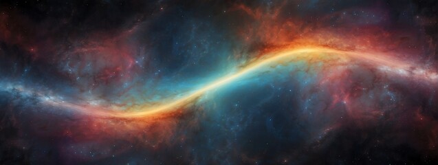 Wide angle panoramic view of rainbow colored universe spiral nebula galaxy on space background from Generative AI - obrazy, fototapety, plakaty