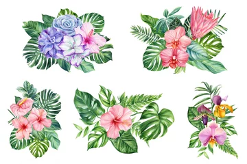 Fototapete Rund Tropical palm leaves and flowers, monstera, orchid and hibiscus. Green leaves painted hand-made watercolor, botanical © Hanna