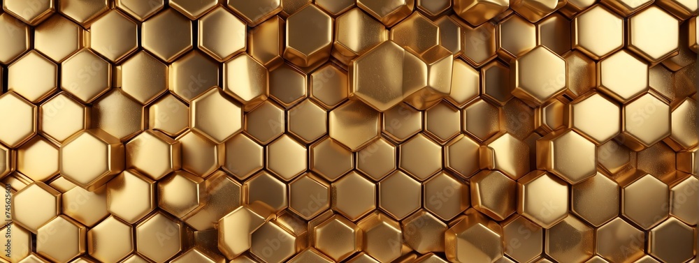 Poster wide angle panoramic view of shiny gold metallic hexagonal surface texture background wallpaper from