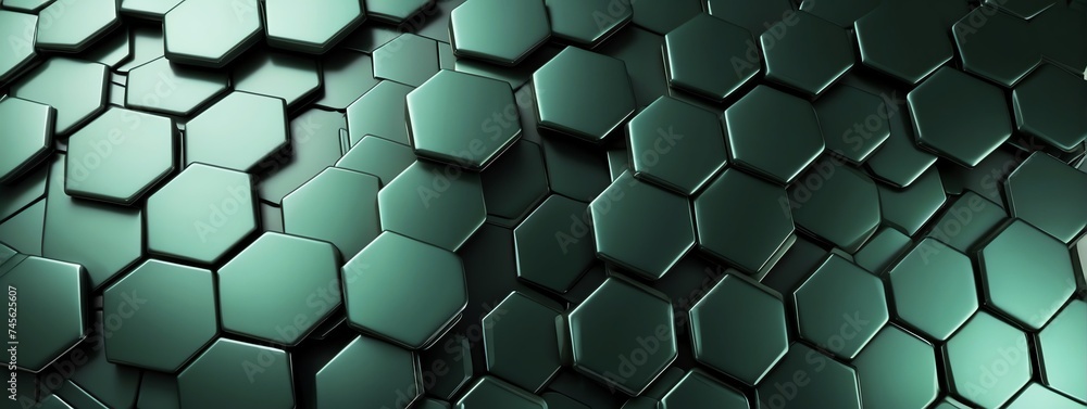 Poster wide angle panoramic view of shiny green metallic hexagonal surface texture background wallpaper fro