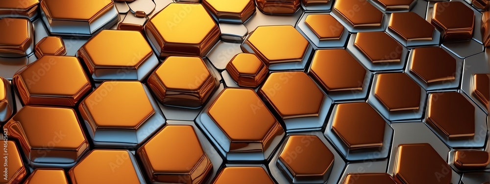 Poster wide angle panoramic view of shiny orange metallic hexagonal surface texture background wallpaper fr