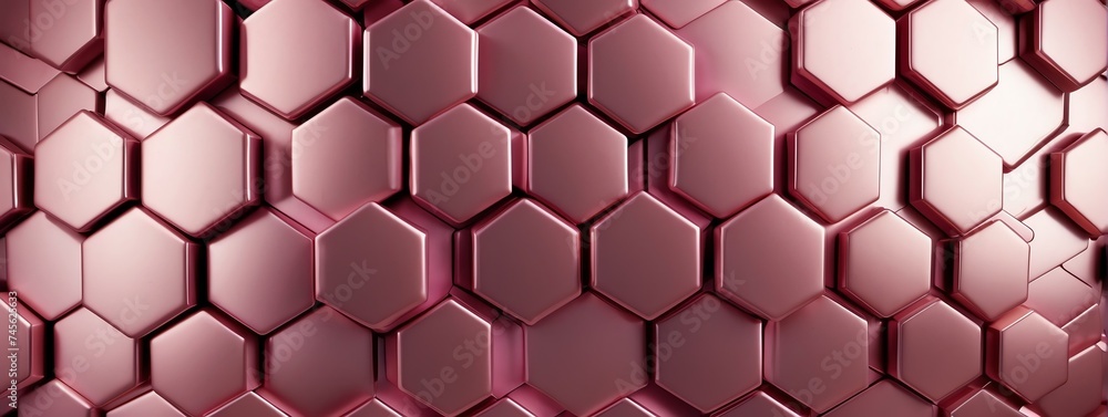 Poster wide angle panoramic view of shiny pink metallic hexagonal surface texture background wallpaper from