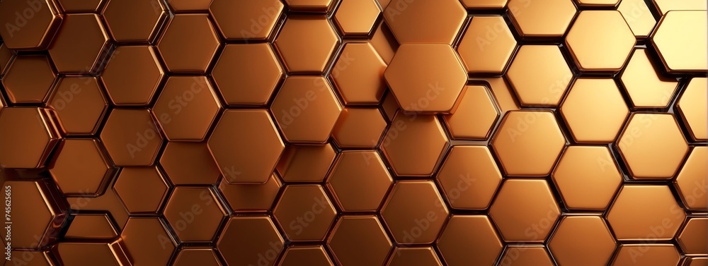Poster wide angle panoramic view of shiny orange metallic hexagonal surface texture background wallpaper fr