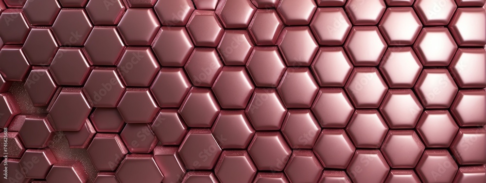 Poster wide angle panoramic view of shiny pink metallic hexagonal surface texture background wallpaper from
