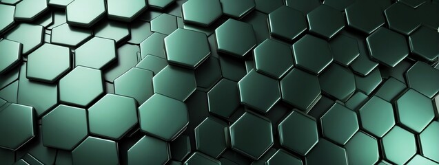 Wide angle panoramic view of shiny green metallic hexagonal surface texture background wallpaper from Generative AI