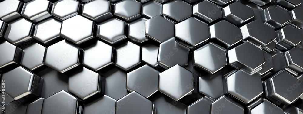 Poster wide angle panoramic view of shiny silver metallic hexagonal surface texture background wallpaper 8 