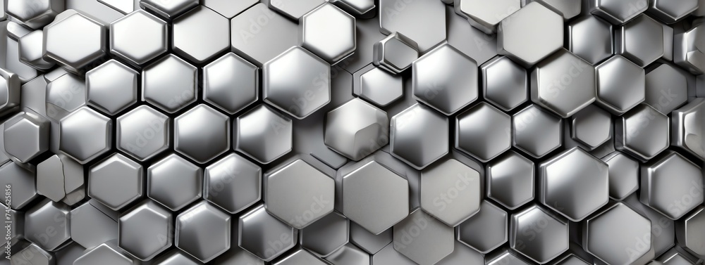 Poster wide angle panoramic view of shiny white metallic hexagonal surface texture background wallpaper fro