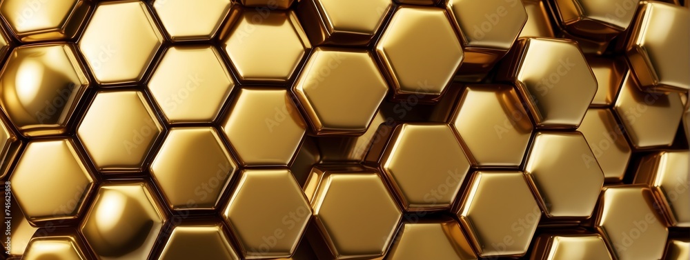 Poster wide angle panoramic view of shiny yellow metallic hexagonal surface texture background wallpaper fr