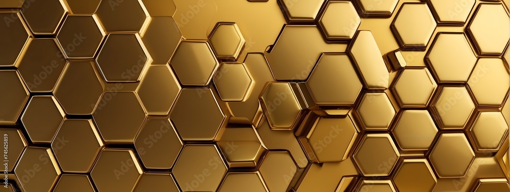 Poster wide angle panoramic view of shiny yellow metallic hexagonal surface texture background wallpaper fr