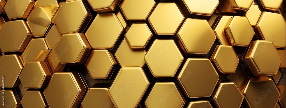 Poster wide angle panoramic view of shiny yellow metallic hexagonal surface texture background wallpaper fr