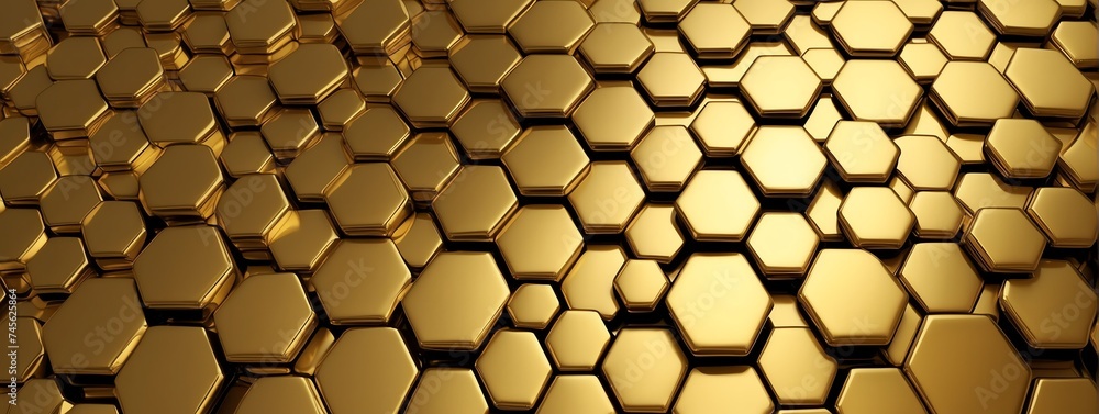 Poster wide angle panoramic view of shiny yellow metallic hexagonal surface texture background wallpaper fr