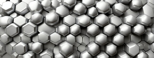 Wide angle panoramic view of shiny white metallic hexagonal surface texture background wallpaper from Generative AI