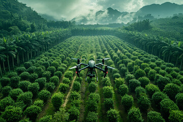 Automated reforestation drones planting trees in deforested areas to restore ecosystems - obrazy, fototapety, plakaty