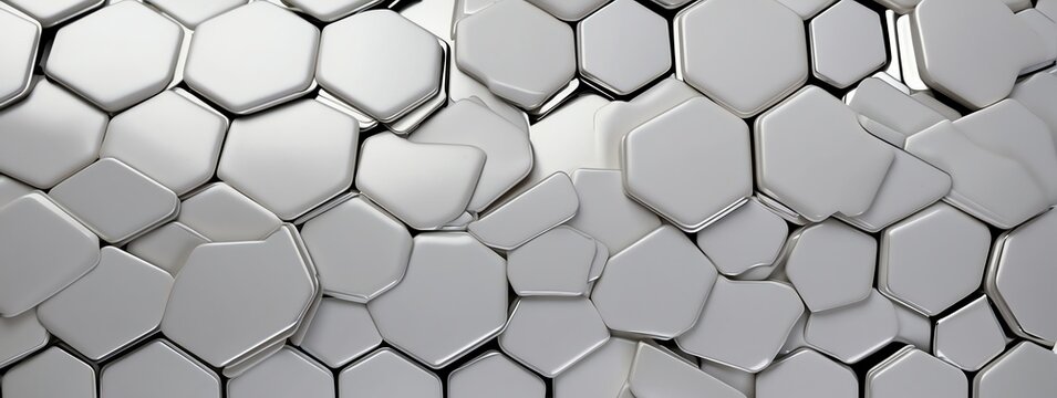 Wide angle panoramic view of shiny white metallic hexagonal surface texture background wallpaper from Generative AI