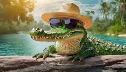 A crocodile with sunglasses and a hat for summer