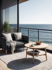 Seaside Chic, Scandinavian Coffee Table with Elegant Charcoal Sofa