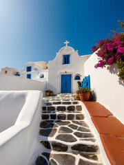 Santorini Elegance, Serene White Building with a Splash of Colorful Charm