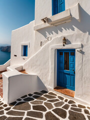 Fototapeta na wymiar Santorini Elegance, Serene White Building with a Splash of Colorful Charm