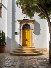 Spanish Splendor, Tranquil White Building with a Vibrantly Colorful Door