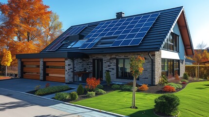 Modern eco friendly passive house with solar panels on the gable roof