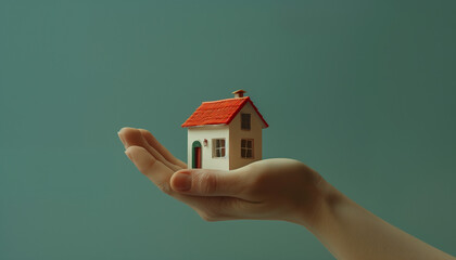Fototapeta na wymiar Nurturing Dreams: Holding a Small House in a Human Hand, Symbolizing New Beginnings and Business Ventures