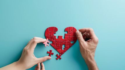 multiple hands of different ages and skin tones, each contributing pieces to complete a red heart-shaped puzzle against a blue background