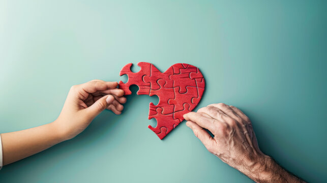 multiple hands of different ages and skin tones, each contributing pieces to complete a red heart-shaped puzzle against a blue background