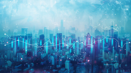cityscape with modern skyscrapers and overlaid financial graphs, symbolizing the bustling economy and the stock market.