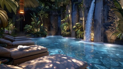 A luxurious spa retreat with tranquil pools, cascading waterfalls, and plush lounges for ultimate relaxation - obrazy, fototapety, plakaty