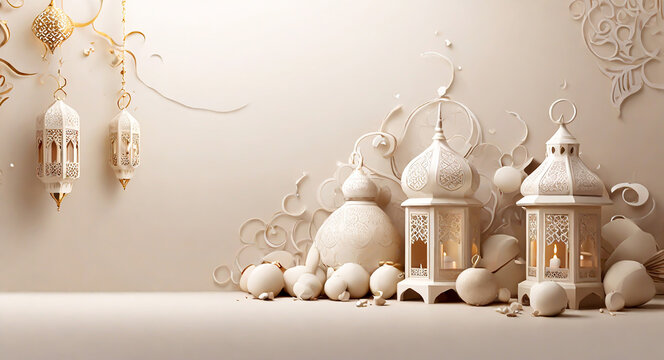 Eid mubarak lantern mosque design wallpaper. Ramadan Soft white milky effects colorful HD Background