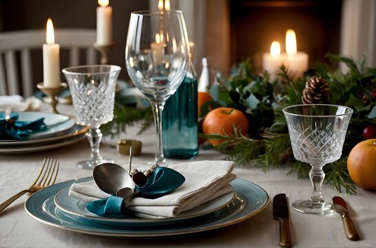 Festive Elegance: A Sophisticated Dining Setting Illuminated by Candlelight and Adorned with Natural Centerpieces and Crystal Glassware, generative AI