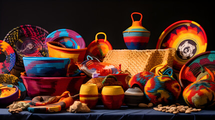 Vibrant Array of Handmade Crafts: Woven Baskets, Hand-knitted Textiles, and Ceramic Artifacts