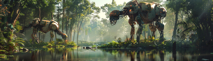 Futuristic safari with robotic animals coexisting in a simulated forest ecosystem - obrazy, fototapety, plakaty