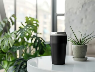 A black stainless steel tumbler sits on a white table, intended for promotional purposes, with ample space for customization. The background features a green plant and an office setting.