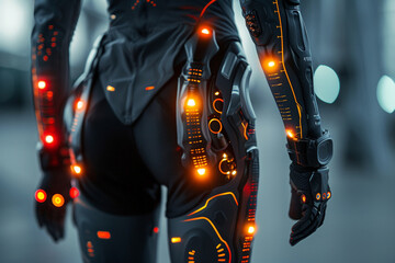 Futuristic workout gear with embedded sensors tracking performance and health metrics