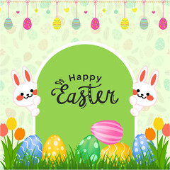 Happy easter vector illustration with wreath of flowers and eggs on green background. For greeting card, banner, poster, web background on postcard. 
