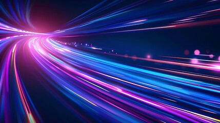 Abstract technology futuristic glowing blue and purple light lines with speed motion blur effect on dark blue background. Generative Ai