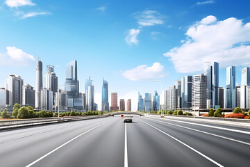 Car on the road with cityscape background. 3d rendering.