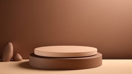 Round Double Beige Podium, Platform, Stage, Mock up, Minimalistic Interior for Product Presentation, Cosmetics on a Brown Background with Copy Space.