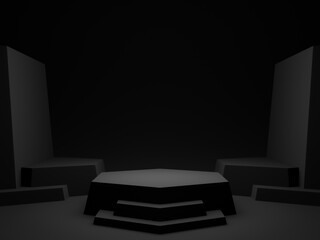 3D render black background. Dark room geometric podium.