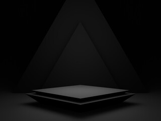 3D render black background. Dark room geometric podium.