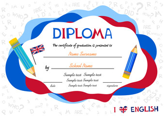 Certificate template for english award with alphabets in background. Preschool Kids Diploma certificate background design template. Certificate of kids diploma. Vector illustration