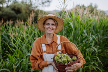 Female farmer holding harvest basket full of harvested corn. Concept of multigenerational and...