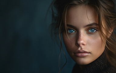 a woman with blue eyes and freckles
