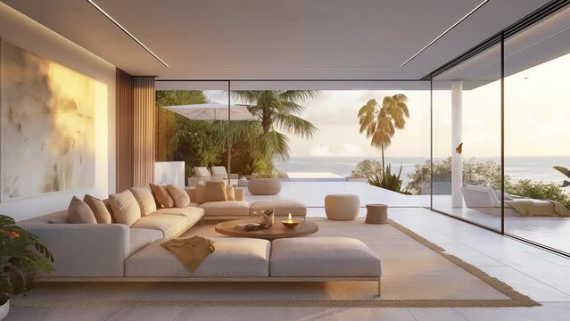 sea view living room and dining room in modern house. seamless looping overlay 4k virtual video animation background 