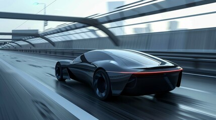 A concept car with a futuristic design speeding on a highway, representing innovation in automotive technology.